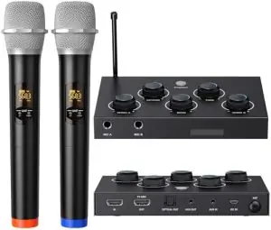 DIGITNOW!Portable Karaoke Microphone Mixer System Set, with Dual UHF Wireless Mic, HDMI-ARC/Optical/AUX & HDMI In/Out in Singing Receiver for Smart TV, PC, KTV, Home Theater, Amplifier, Speaker