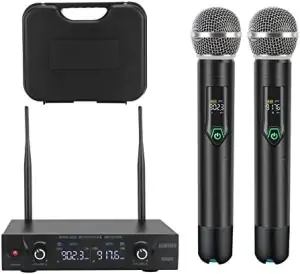 GUDEHOLO Wireless Microphone System with case, Metal UHF Dual Handheld 20 Channels Professional Cordless Mic System for Church, DJ, Karaoke,Wedding, Home KTV Set