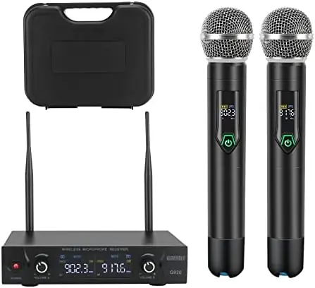 GUDEHOLO Wireless Microphone System with case, Metal UHF Dual Handheld 20 Channels Professional Cordless Mic System for Church, DJ, Karaoke,Wedding, Home KTV Set