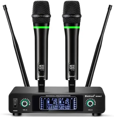Wireless Microphone System Rechargeable,Bietrun Professional UHF Metal Cordless Dynamic Mics,Bluetooth Mics Wireless with 1/4",1/8,XLR Output for Home Singing Karaoke TV Set,DJ,Church,Wedding (240ft)